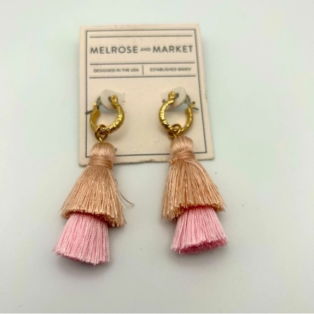 Melrose and Market Two Tone Pink Tassel Huggie Style Gold Tone Hoop Earrings